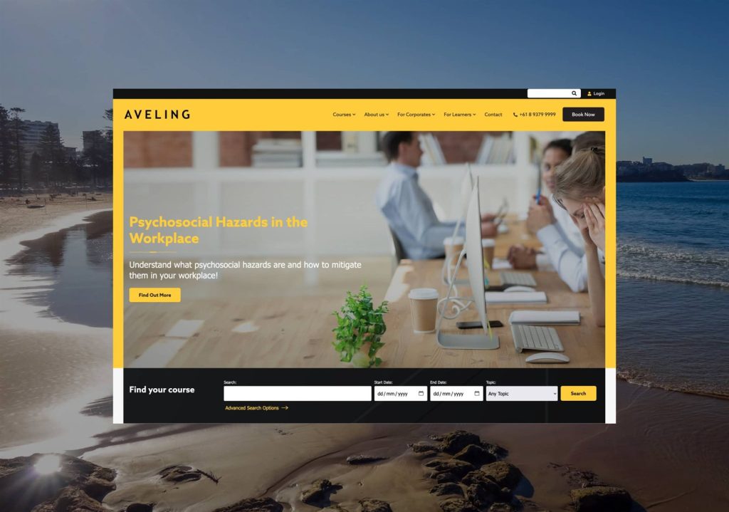 Aveling training website homepage with course search and booking, designed and built by Net Search