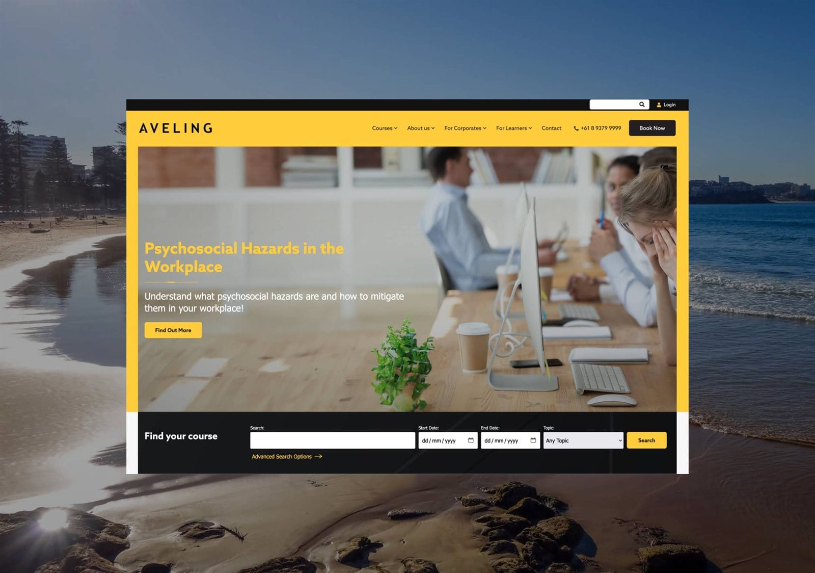 Aveling training website homepage with course search and booking, designed and built by Net Search