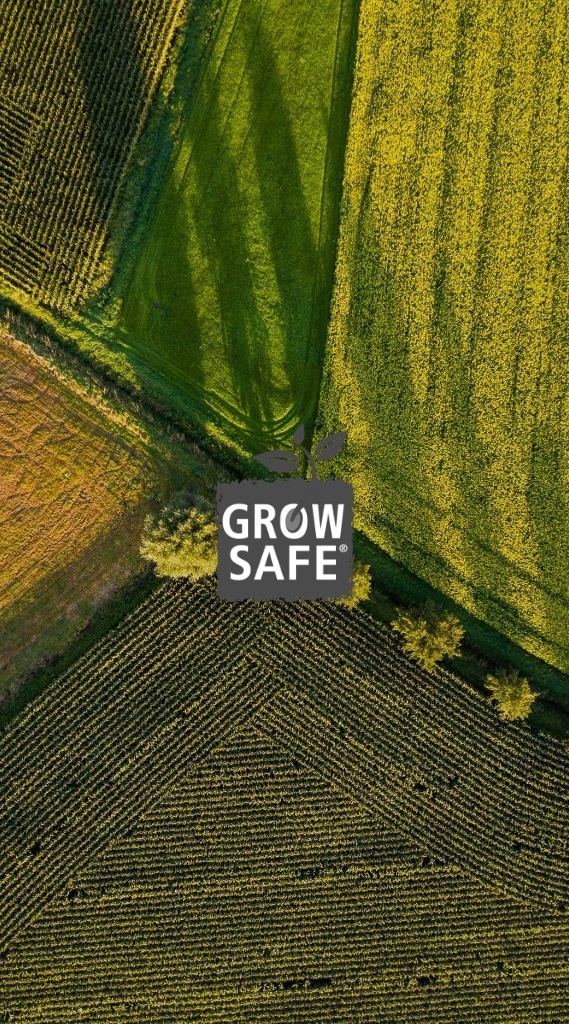 Aerial view of farmland with the Grow Safe logo, from the Growsafe WooCommerce website project