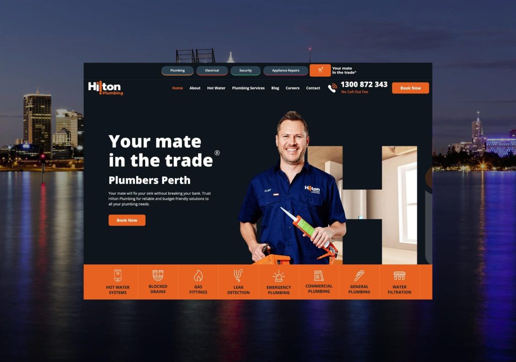 Hilton Plumbing Perth website homepage with service links and online booking, built by Net Search
