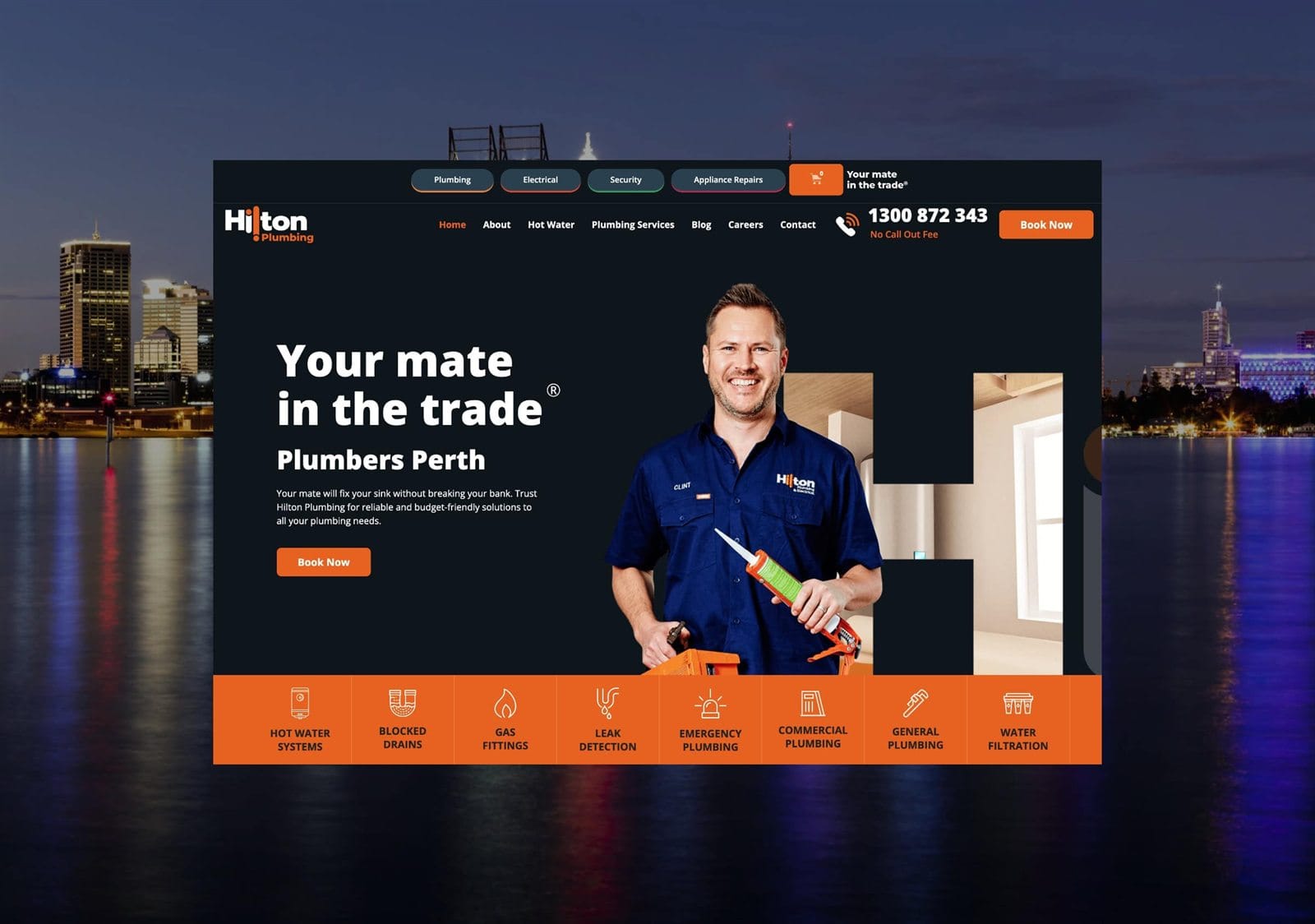 Hilton Plumbing Perth website homepage with service links and online booking, built by Net Search
