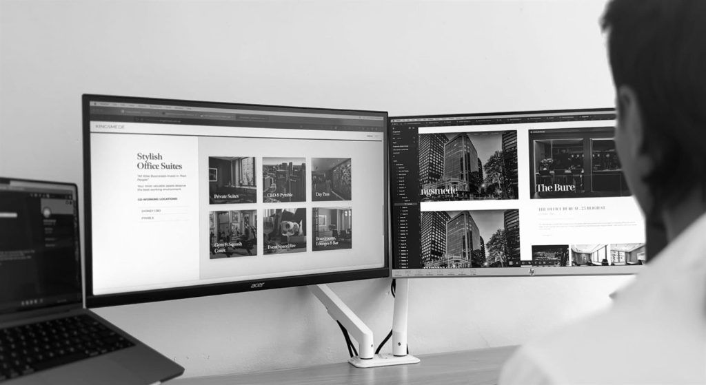 Net Search developer building the Kingsmede website in WordPress and Elementor across two monitors